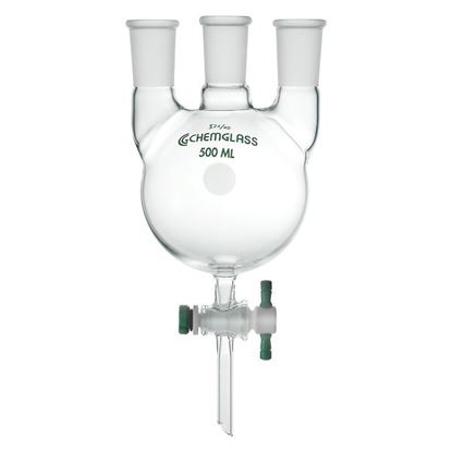 FLASKS, HEAVY WALL, ROUND BOTTOM, 3-NECKS, PTFE STOPCOCKS