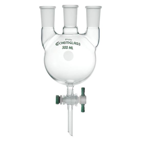 FLASKS, HEAVY WALL, ROUND BOTTOM, 3-NECKS, PTFE STOPCOCKS