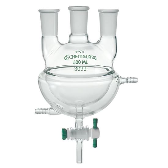 FLASKS, HEAVY WALL, ROUND BOTTOM, 3-NECKS, HALF JACKETED, PTFE STOPCOCKS