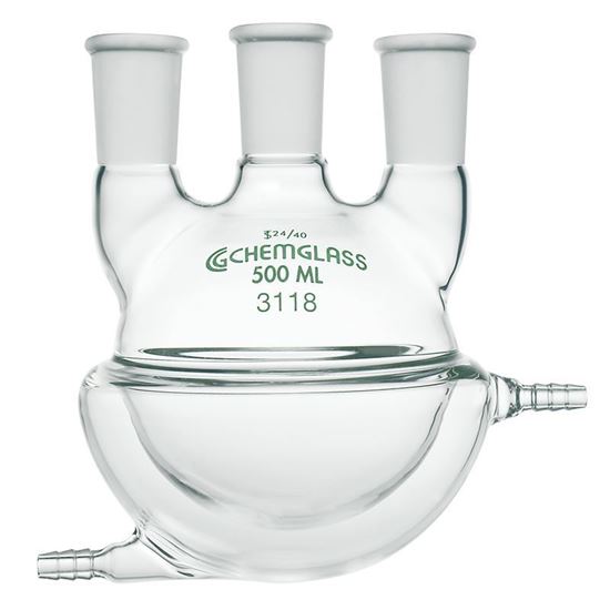 FLASKS, HEAVY WALL, ROUND BOTTOM, 3-NECKS, HALF JACKETED
