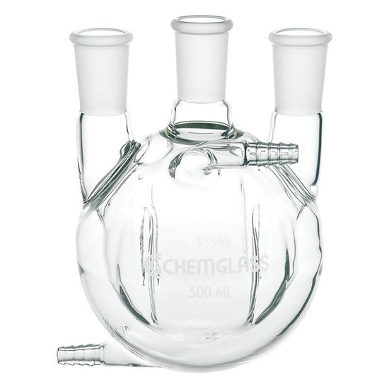FLASKS, HEAVY WALL, ROUND BOTTOM, 3-NECKS, JACKETED, MORTON INDENTS