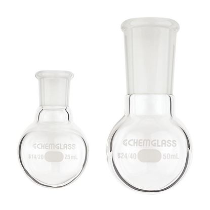FLASKS, HEAVY WALL, ROUND BOTTOM, SINGLE NECK, 2ML TO 65ML