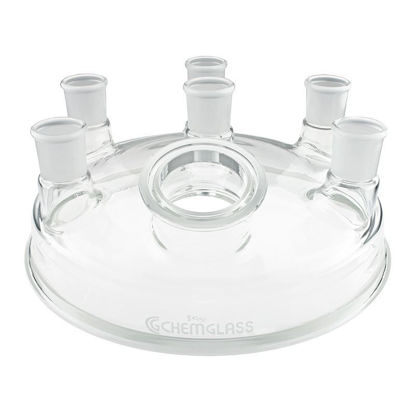 CG-1968-E-400: 400MM REACTION VESSEL LID, 7-NECK, 45/50 CN, (5) 45/50 SNS, (1) 80MM O-RING FLANGE SN