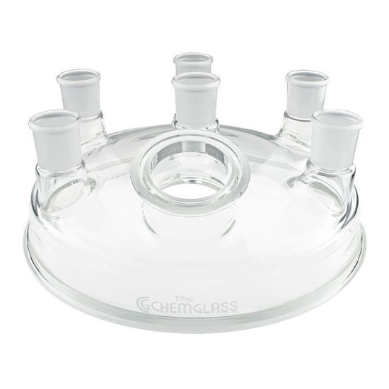 CG-1968-E-400: 400MM REACTION VESSEL LID, 7-NECK, 45/50 CN, (5) 45/50 SNS, (1) 80MM O-RING FLANGE SN