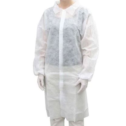 LAB COAT, WHITE, POLYPROPYLENE, NO POCKETS, 5 SNAPS, ELASTIC CUFF, MACROTEK, VALUTEK