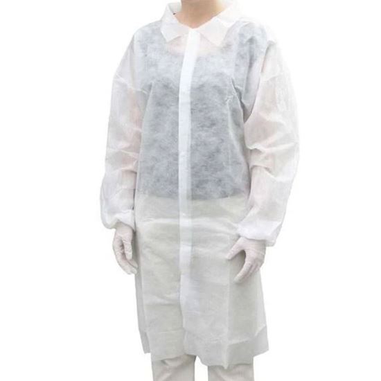 LAB COAT, WHITE, POLYPROPYLENE, NO POCKETS, 5 SNAPS, ELASTIC CUFF, MACROTEK, VALUTEK
