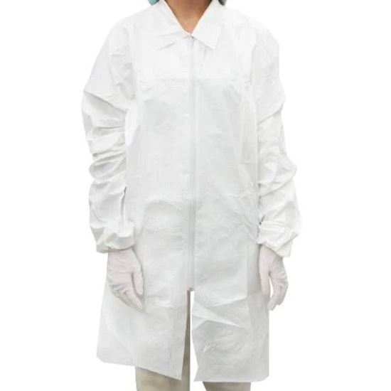LAB COAT, WHITE, MICROPOROUS, 1 POCKET, FULL ZIPPER, ELASTIC CUFF, NANOTEK, VALUTEK