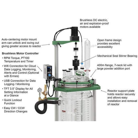 150L PROCESS REACTOR SYSTEM, CYLINDRICAL, JACKETED, GLASS, 400MM FLANGE, BRUSHLESS DC ELECTRIC MOTOR, MECHANICAL SEAL BEARING, MANIFOLD SYSTEM, WITHOUT SAFETY SHIELDS