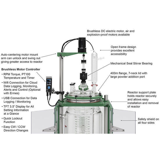 150L PROCESS REACTOR SYSTEM, CYLINDRICAL, JACKETED, GLASS, 400MM FLANGE, BRUSHLESS DC ELECTRIC MOTOR, MECHANICAL SEAL BEARING, MANIFOLD SYSTEM AND SAFETY SHIELDS