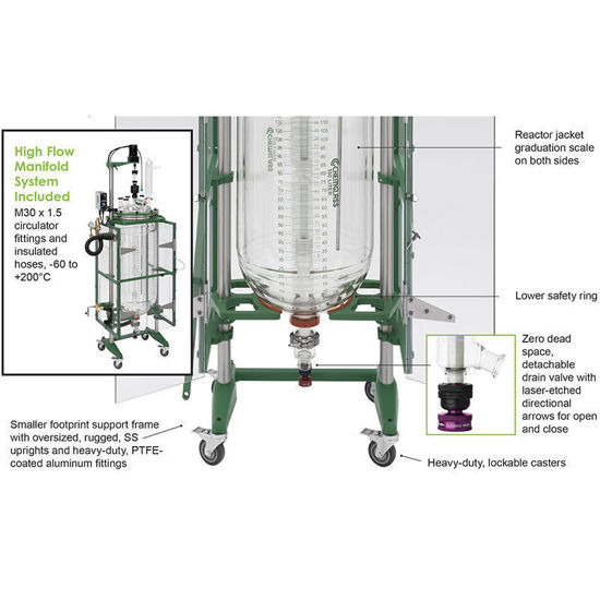 150L PROCESS REACTOR SYSTEM, CYLINDRICAL, JACKETED, GLASS, 400MM FLANGE, BRUSHLESS DC ELECTRIC MOTOR, MECHANICAL SEAL BEARING, MANIFOLD SYSTEM AND SAFETY SHIELDS