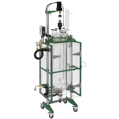 150L PROCESS REACTOR SYSTEM, CYLINDRICAL, JACKETED, GLASS, 400MM FLANGE, BRUSHLESS DC ELECTRIC MOTOR, MECHANICAL SEAL BEARING, MANIFOLD SYSTEM AND SAFETY SHIELDS