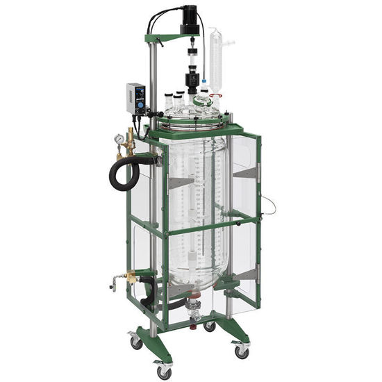 150L PROCESS REACTOR SYSTEM, CYLINDRICAL, JACKETED, GLASS, 400MM FLANGE, BRUSHLESS DC ELECTRIC MOTOR, MECHANICAL SEAL BEARING, MANIFOLD SYSTEM AND SAFETY SHIELDS